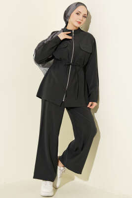 Cep Kapaklı Bel Tünelli Modal İkili Takım Füme - İkili Takım