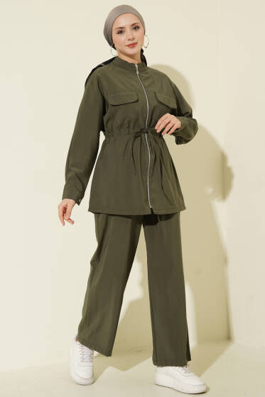 Cep Kapaklı Bel Tünelli Modal İkili Takım Haki - İkili Takım