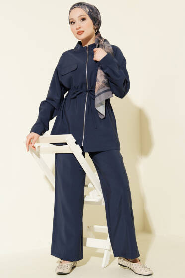 Cep Kapaklı Bel Tünelli Modal İkili Takım İndigo - İkili Takım