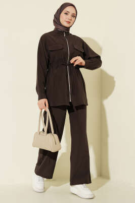 Cep Kapaklı Bel Tünelli Modal İkili Takım Kahve - MUSTİ