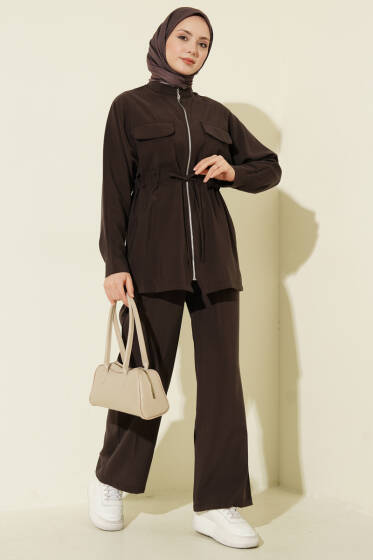 Cep Kapaklı Bel Tünelli Modal İkili Takım Kahve - İkili Takım