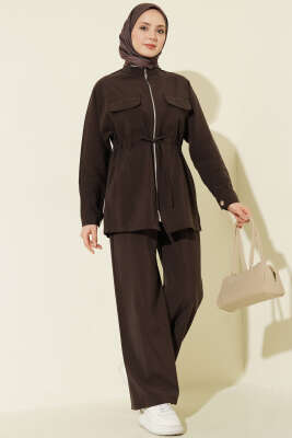 Cep Kapaklı Bel Tünelli Modal İkili Takım Kahve - İkili Takım