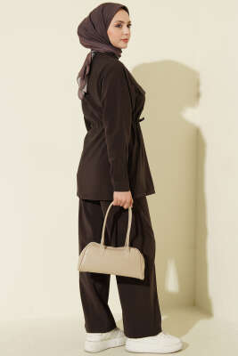 Cep Kapaklı Bel Tünelli Modal İkili Takım Kahve - İkili Takım