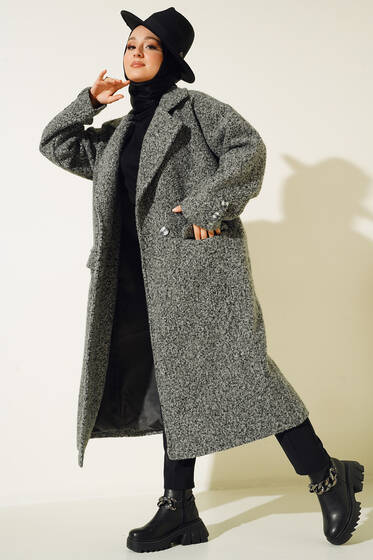 Cep Kapaklı Bukle Kaban Gri - Kaban