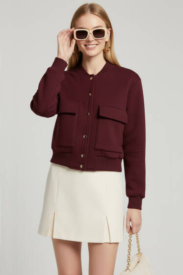 Cep Kapaklı Çıtçıt Düğmeli Kısa Ceket Bordo - Kadın Giyim Modelleri