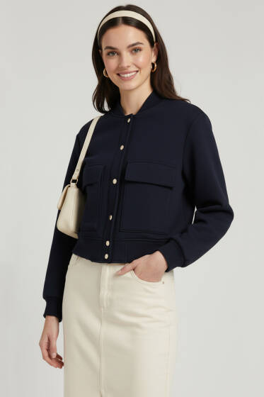 Cep Kapaklı Çıtçıt Düğmeli Kısa Ceket Lacivert - Kadın Giyim Modelleri