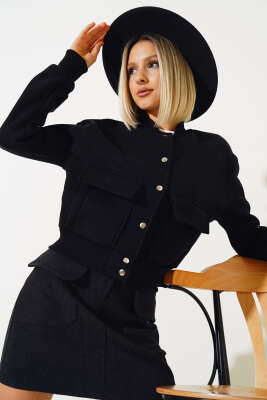 Cep Kapaklı Çıtçıt Düğmeli Kısa Ceket Siyah - Kadın Giyim Modelleri