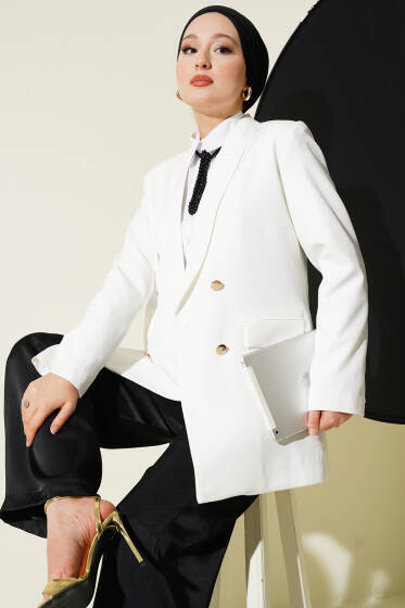 Cep Kapaklı Dabıl Blazer Ceket Beyaz - Ceket