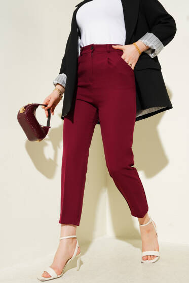 Cep Kapaklı Dar Paça Pantolon Bordo - Pantolon