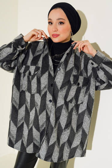 Cep Kapaklı Desenli Gömlek Gri - Gömlek