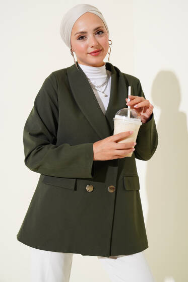 Cep Kapaklı Dört Düğmeli Blazer Ceket Haki - Ceket