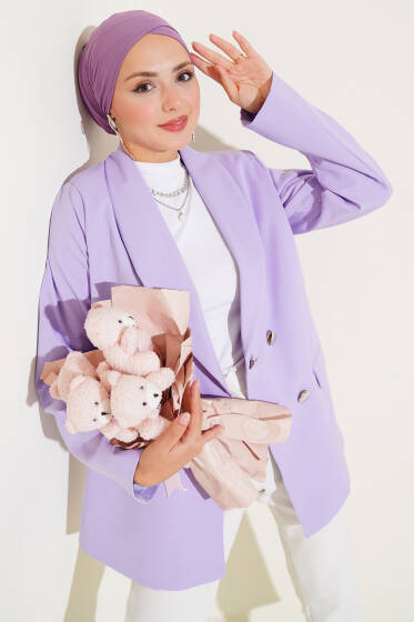 Cep Kapaklı Dört Düğmeli Blazer Ceket Lila - Ceket