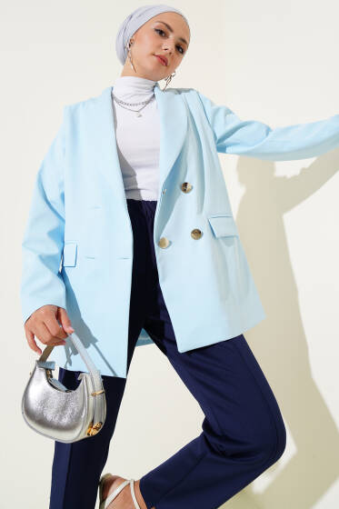 Cep Kapaklı Dört Düğmeli Blazer Ceket Mavi - Ceket