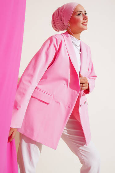 Cep Kapaklı Dört Düğmeli Blazer Ceket Pembe - Ceket