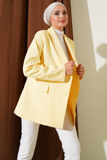 Cep Kapaklı Dört Düğmeli Blazer Ceket Sarı - Ceket