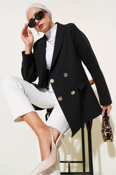 Cep Kapaklı Dört Düğmeli Blazer Ceket Siyah - Ceket