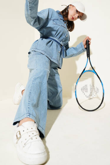 Cep Kapaklı Düğmeli Kuşaklı Kot İkili Takım Kot Mavisi - İkili Takım