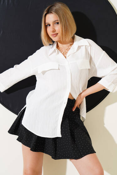 Cep Kapaklı Fakir Kol Gömlek Beyaz - Kadın Giyim Modelleri