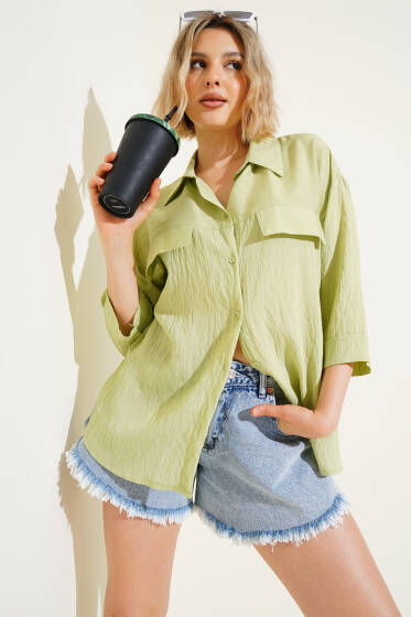 Cep Kapaklı Fakir Kol Gömlek Çağla Yeşili - Kadın Giyim Modelleri