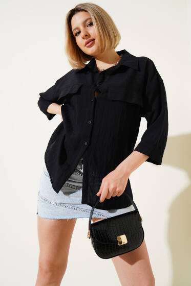 Cep Kapaklı Fakir Kol Gömlek Siyah - Kadın Giyim Modelleri