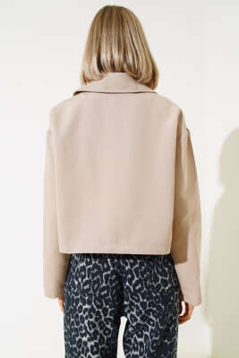 Cep Kapaklı Fermuarlı Kısa Ceket Bej - Kadın Giyim Modelleri