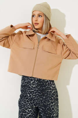 Cep Kapaklı Fermuarlı Kısa Ceket Camel - Kadın Giyim Modelleri