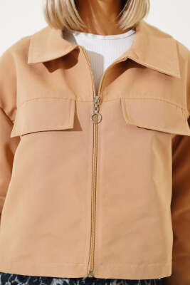Cep Kapaklı Fermuarlı Kısa Ceket Camel - Kadın Giyim Modelleri