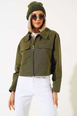 Cep Kapaklı Fermuarlı Kısa Ceket Haki - Kadın Giyim Modelleri