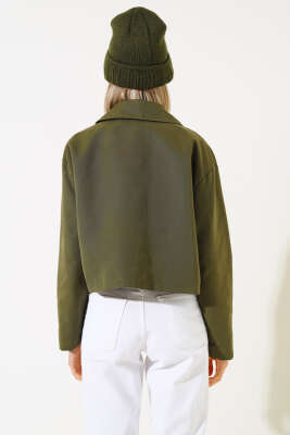 Cep Kapaklı Fermuarlı Kısa Ceket Haki - Kadın Giyim Modelleri