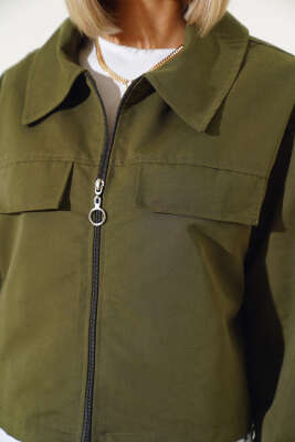 Cep Kapaklı Fermuarlı Kısa Ceket Haki - Kadın Giyim Modelleri