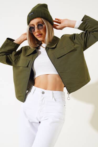 Cep Kapaklı Fermuarlı Kısa Ceket Haki - Yeni Giyim