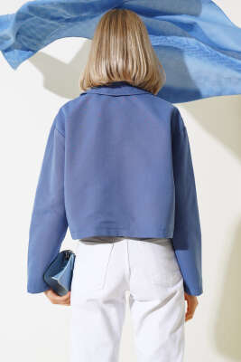 Cep Kapaklı Fermuarlı Kısa Ceket İndigo - Kadın Giyim Modelleri