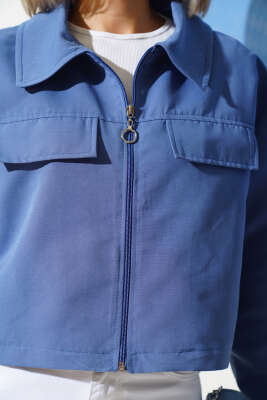 Cep Kapaklı Fermuarlı Kısa Ceket İndigo - Kadın Giyim Modelleri