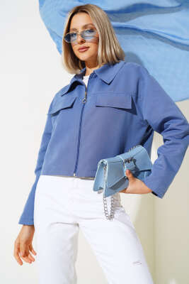 Cep Kapaklı Fermuarlı Kısa Ceket İndigo - Kadın Giyim Modelleri