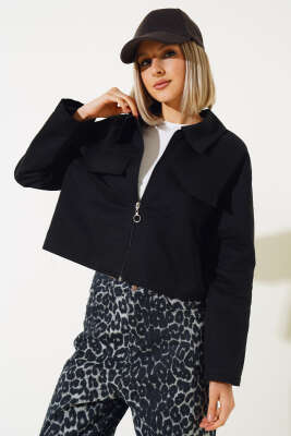 Cep Kapaklı Fermuarlı Kısa Ceket Siyah - Kadın Giyim Modelleri