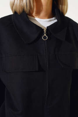 Cep Kapaklı Fermuarlı Kısa Ceket Siyah - Kadın Giyim Modelleri