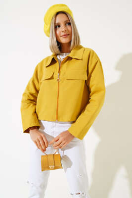 Cep Kapaklı Fermuarlı Kısa Ceket Yağ Yeşili - Kadın Giyim Modelleri