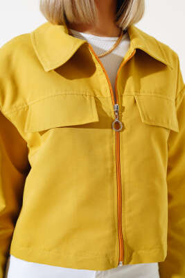 Cep Kapaklı Fermuarlı Kısa Ceket Yağ Yeşili - Kadın Giyim Modelleri