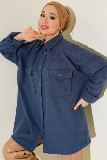 Cep Kapaklı Kaşe Gömlek İndigo - Gömlek