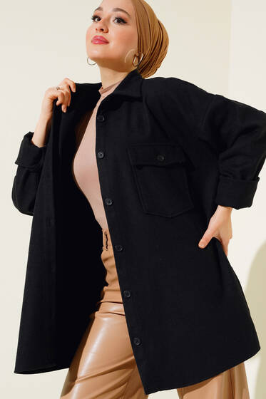 Cep Kapaklı Kaşe Gömlek Siyah - Gömlek