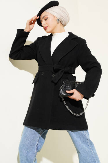 Cep Kapaklı Kaşe Kaban Siyah - Kaban