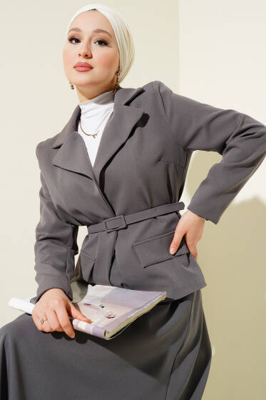 Cep Kapaklı Kemerli Ceket Etek Takım Füme - İkili Takım