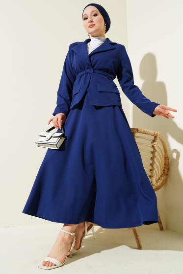 Cep Kapaklı Kemerli Ceket Etek Takım Lacivert - İkili Takım
