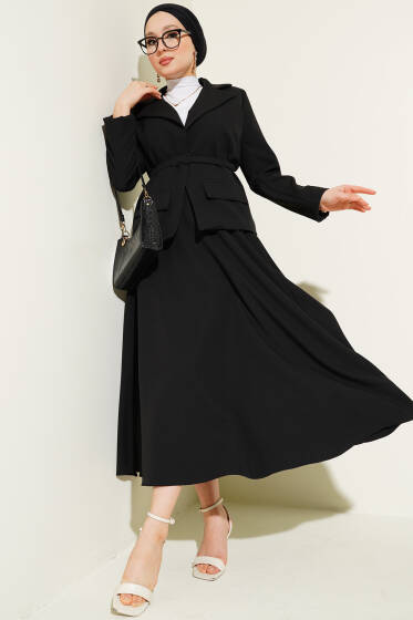 Cep Kapaklı Kemerli Ceket Etek Takım Siyah - İkili Takım