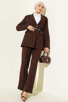 Cep Kapaklı Kemerli Ceket İkili Takım Acı Kahve - DUFON