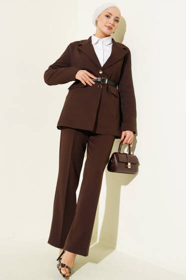 Cep Kapaklı Kemerli Ceket İkili Takım Acı Kahve - İkili Takım