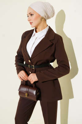 Cep Kapaklı Kemerli Ceket İkili Takım Acı Kahve - İkili Takım