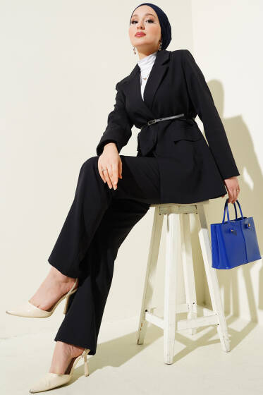 Cep Kapaklı Kemerli Ceket İkili Takım Lacivert - İkili Takım