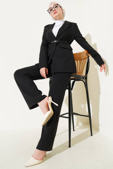 Cep Kapaklı Kemerli Ceket İkili Takım Siyah - İkili Takım