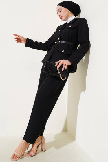 Cep Kapaklı Kemerli Ceketli İkili Takım Siyah - İkili Takım